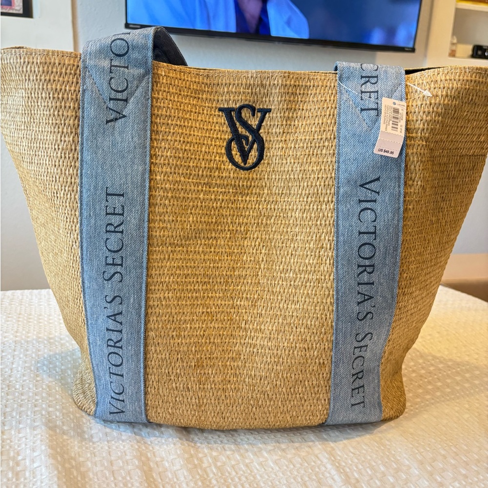 Victoria's Secret Straw Tote with Blue Straps